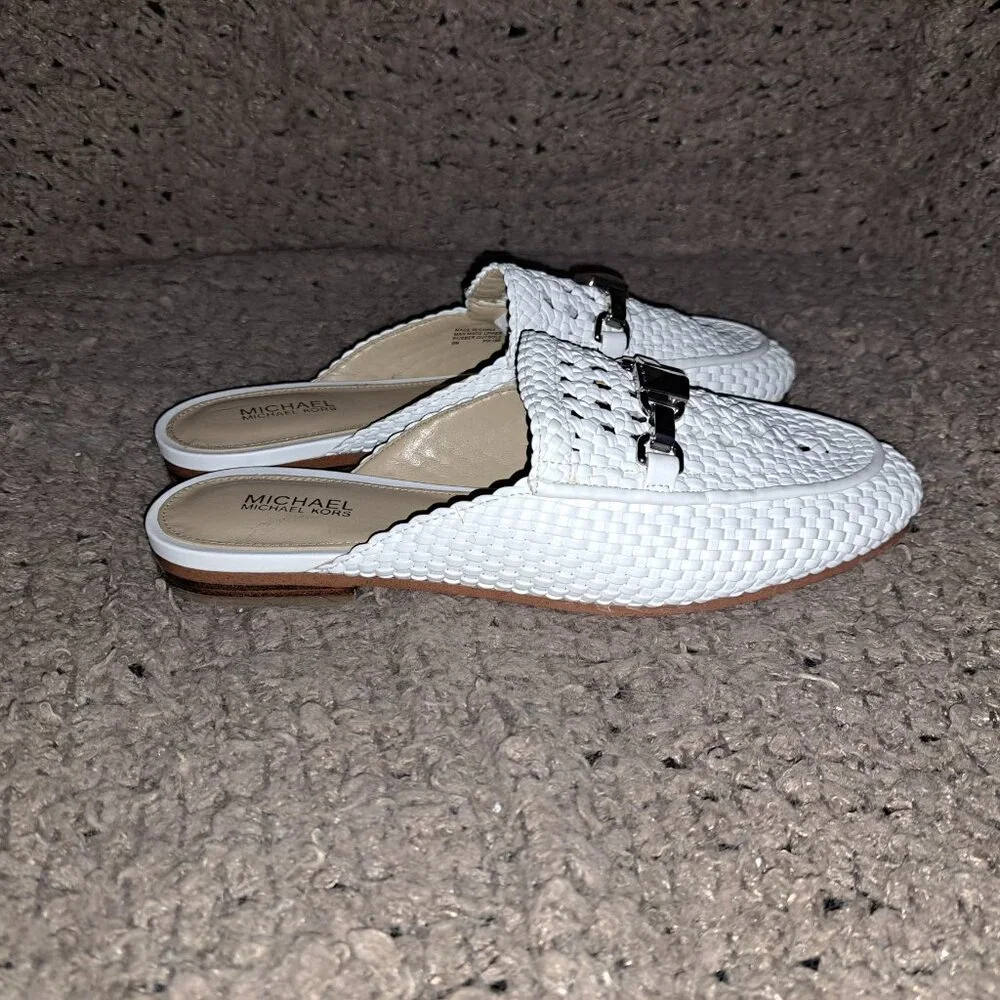 MICHAEL KORS-Charlton Crochet/Woven White Mule-Silver Logo-Sz 6-Excellent - Picture 5 of 8